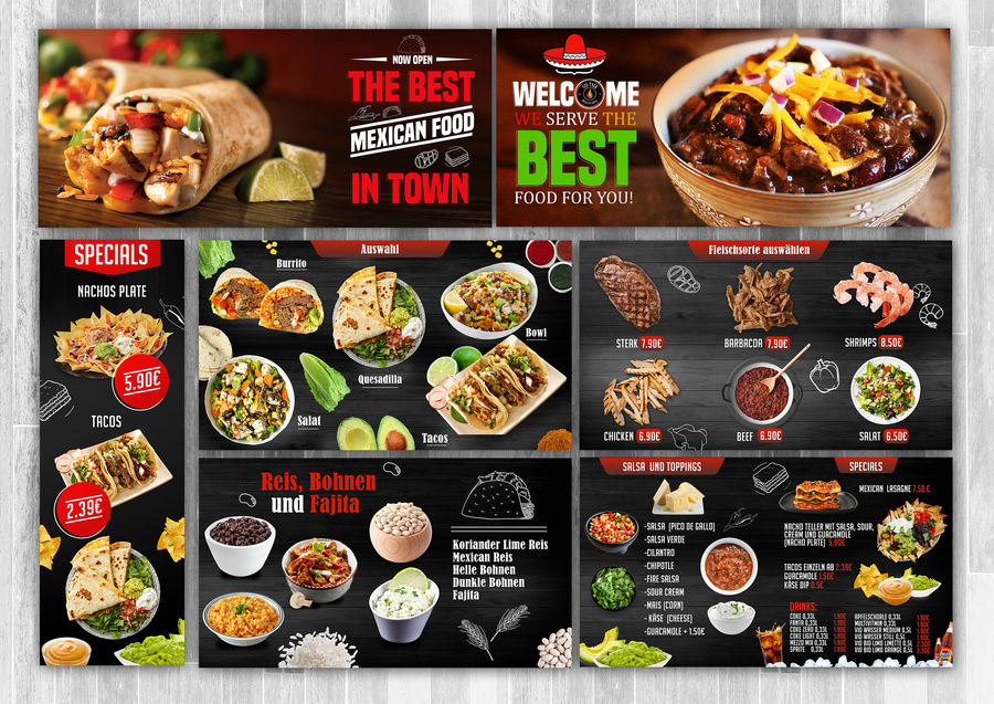 bar and restaurant graphics like menus and table tents